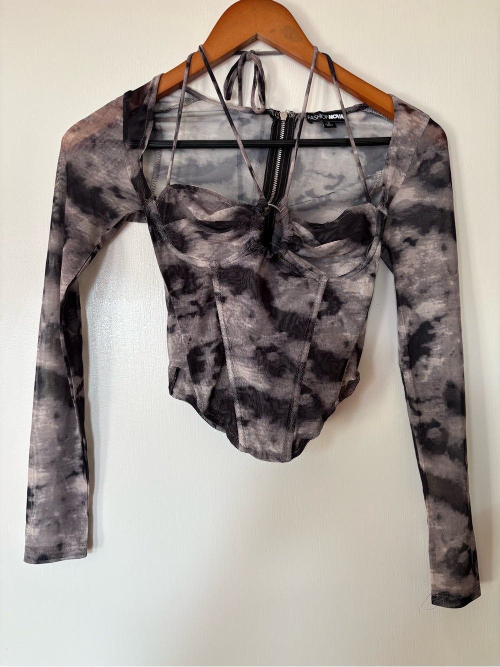 Fashion Nova Tie-Dye Long Sleeve Corset Crop Top